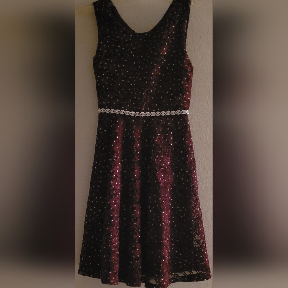 NWT Girls Burgandy A-line Dress With Rhinestone Belt SIZE 12